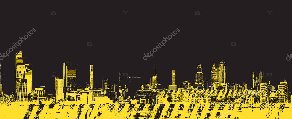 Abstract urban theme. Grunge street art against geometric urban architecture, silhouettes of big city skyscrapers. T-shirt design. No AI used.