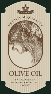 Zeytin ya da zeytin yağı vektör etiketi tasarımlı ve eski zeytin ağacı retro tarzında. Paket tasarımı, çıkartma ve afiş için uygun. Kullanılan yapay zeka yok