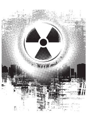 Nükleer savaş temalı vektör pankartı, nükleer santral felaketi, piksel arka planında radyasyon tehlikesi işareti olan kirlenme ve şehir manzarası. Kullanılan yapay zeka yok.