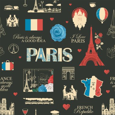 Fransa ve Paris temalı el yapımı kusursuz desenler. Harfler, mimari simgeler, harita ve bayrak. Tişört tasarımı, seyahat kartpostalı. Duvar kağıdı, ambalaj kağıdı. Kullanılan yapay zeka yok