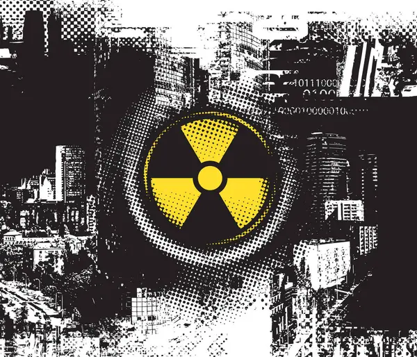 Nükleer savaş temalı vektör pankartı, nükleer santral felaketi, piksel arka planında radyasyon tehlikesi işareti olan kirlenme ve şehir manzarası. Kullanılan yapay zeka yok.