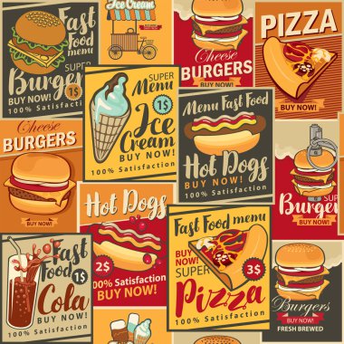 Restoranlar, fast food, içecekler, pizzacılar ve dondurma dükkanları temalı posterler. Hamburger, çizburger, sosisli sandviç.