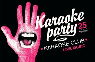 Vector müzik posteri ya da karaoke partisi afişi, şarkı söyleyen ağız ve el yazısı, arka planda yazı. Reklam afişi, afiş, broşür, davetiye için uygun