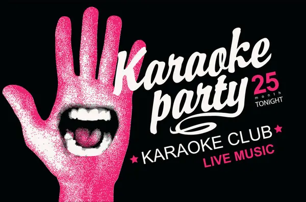 Vector müzik posteri ya da karaoke partisi afişi, şarkı söyleyen ağız ve el yazısı, arka planda yazı. Reklam afişi, afiş, broşür, davetiye için uygun