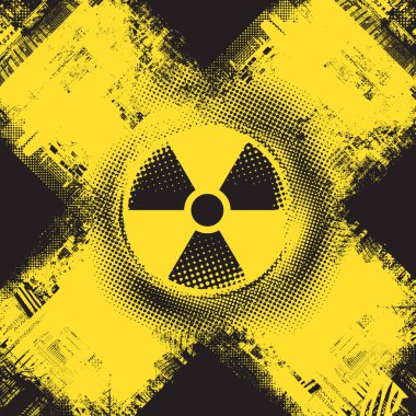 Nükleer savaş temalı vektör bayrağı, nükleer santral felaketi radyasyon tehlikesi işareti ve şehir manzarasının arka planında kentsellik. Kullanılan yapay zeka yok