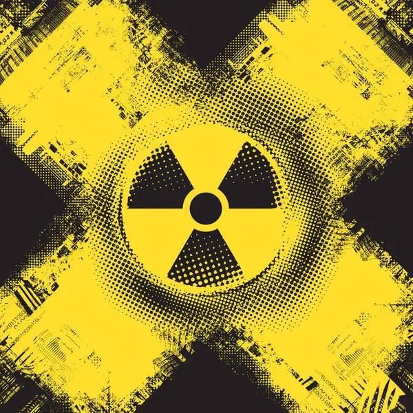 Nükleer savaş temalı vektör bayrağı, nükleer santral felaketi radyasyon tehlikesi işareti ve şehir manzarasının arka planında kentsellik. Kullanılan yapay zeka yok