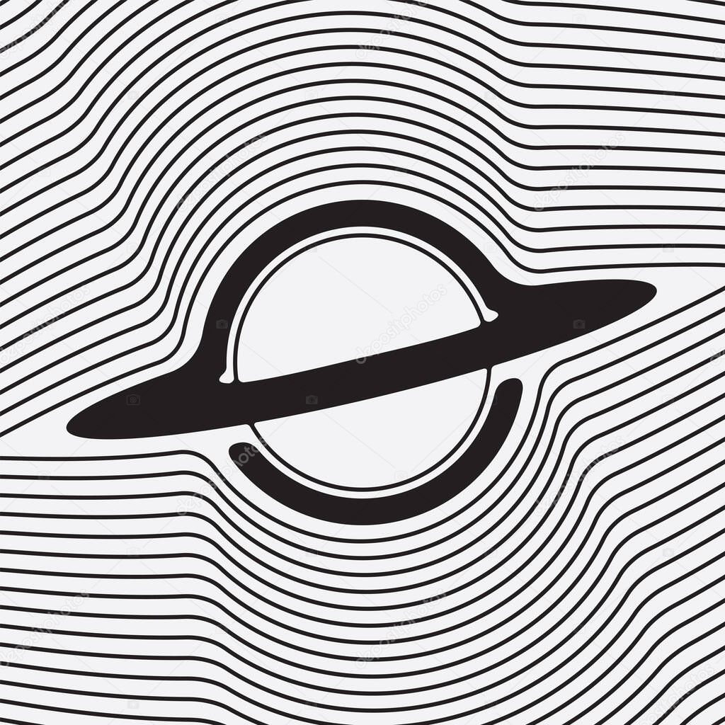 Vector minimalist logo with black hole or planet with rings with gravitational waves on the theme of space, astronomy, astrophysics and universe. Not used aI