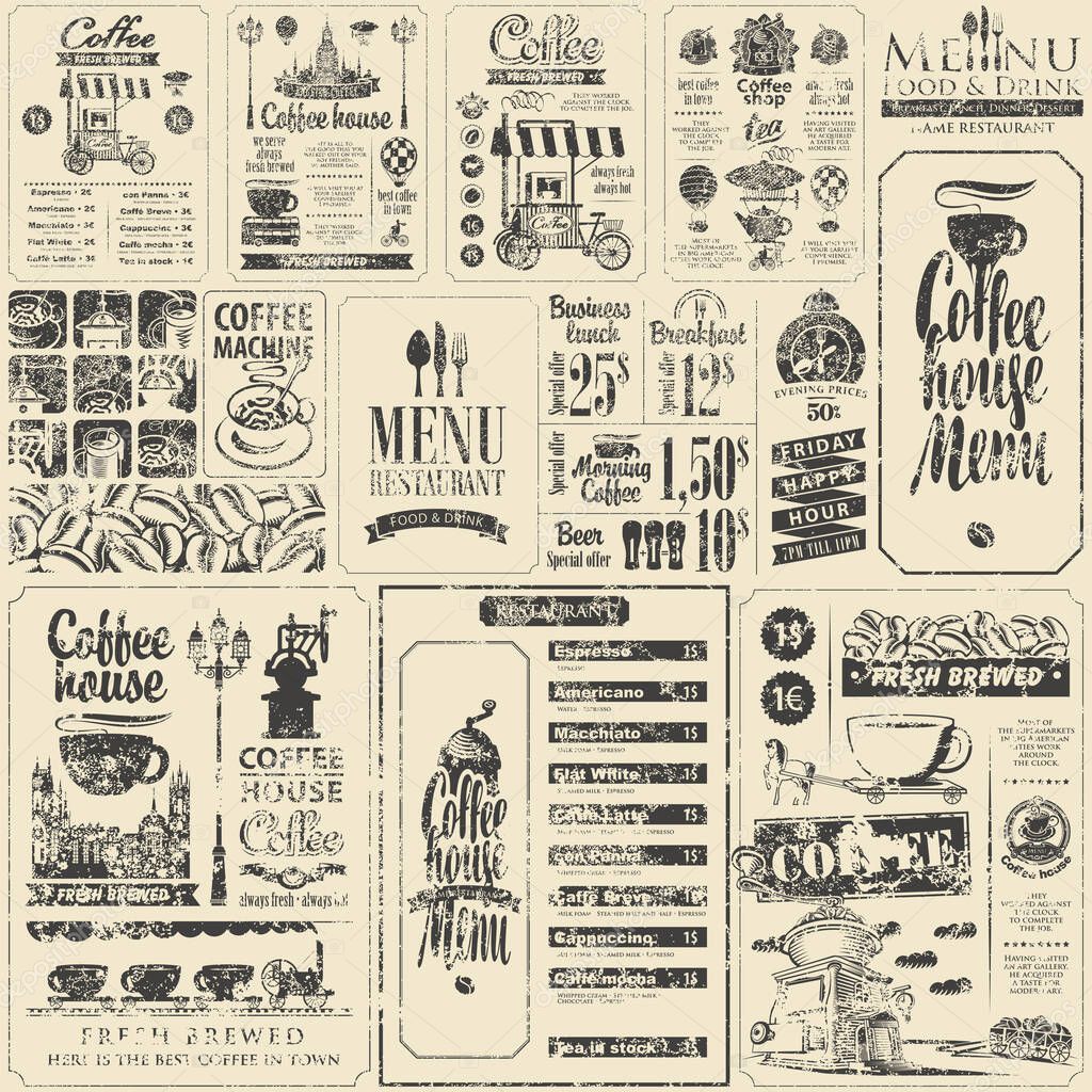 Coffee banner set with old town, coffee machine, coffee beans, cups, price tags and vintage inscriptions. Suitable for logo, menu, label, signboard, shop, restaurant, cafe. AI is not used