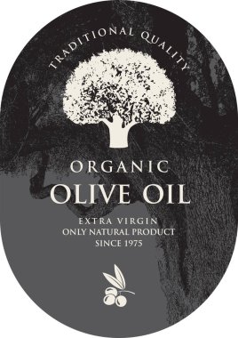Zeytin ya da zeytin yağı etiketli ve zeytin ağacı desenli retro tarzı. Logo, çıkartma, pankart tasarımı için uygun. Kullanılan yapay zeka yok