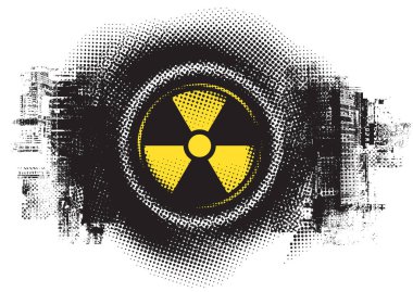 Nükleer savaş temalı vektör bayrağı, nükleer santral felaketi radyasyon tehlikesi işareti ve şehir manzarasının arka planında kentsellik. Kullanılan yapay zeka yok