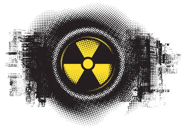 Nükleer savaş temalı vektör bayrağı, nükleer santral felaketi radyasyon tehlikesi işareti ve şehir manzarasının arka planında kentsellik. Kullanılan yapay zeka yok