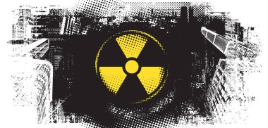 Nükleer savaş temalı vektör bayrağı, nükleer santral felaketi radyasyon tehlikesi işareti ve şehir manzarasının arka planında kentsellik. Kullanılan yapay zeka yok