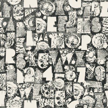 Paleontoloji teması üzerinde grunge dokusu, kabukları, trilobitleri ve ammonitleri olan geometrik şekillerden oluşan basit, kalın yazı karakteriyle soyut vektörsüz arkaplan deseni. Kullanılan yapay zeka yok.