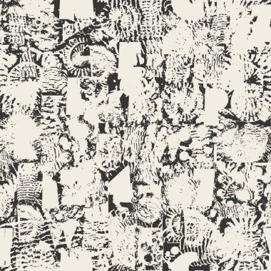 Paleontoloji teması üzerinde grunge dokusu, kabukları, trilobitleri ve ammonitleri olan geometrik şekillerden oluşan basit, kalın yazı karakteriyle soyut vektörsüz arkaplan deseni. Kullanılan yapay zeka yok.