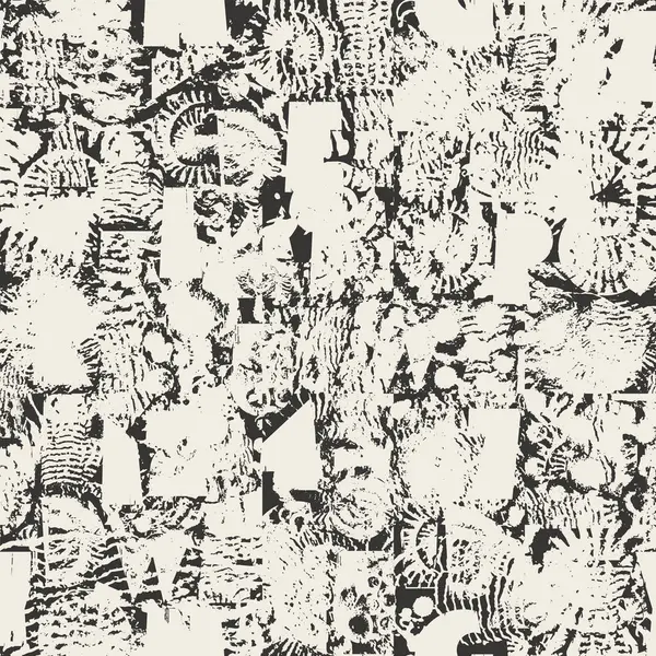 Paleontoloji teması üzerinde grunge dokusu, kabukları, trilobitleri ve ammonitleri olan geometrik şekillerden oluşan basit, kalın yazı karakteriyle soyut vektörsüz arkaplan deseni. Kullanılan yapay zeka yok.