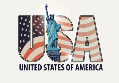ABD sözcüğüyle vektör pankartı, harflerin içinde Amerikan bayrağı, arka planda New York Özgürlük Heykeli. Tişört, kartpostal, poster tasarımı. Kullanılan yapay zeka yok