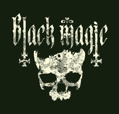 Üzerinde Gotik yazı tipi ile yazılmış insan kafatası ve grunge tarzı baş aşağı haç yazılı el yazısı. Satanizmin sembolü, büyücülük. Tişört tasarımı, müzik kapağı, poster. Kullanılan yapay zeka yok