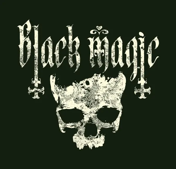 Üzerinde Gotik yazı tipi ile yazılmış insan kafatası ve grunge tarzı baş aşağı haç yazılı el yazısı. Satanizmin sembolü, büyücülük. Tişört tasarımı, müzik kapağı, poster. Kullanılan yapay zeka yok