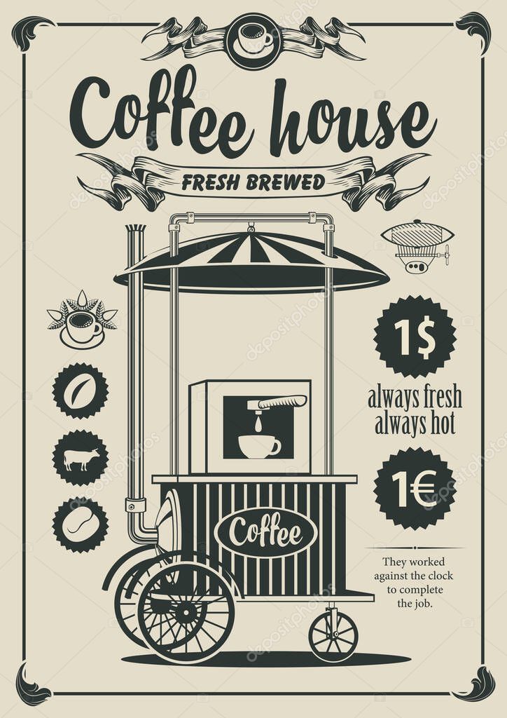 Hand drawn coffee themed banner with coffee machine, coffee beans, cups, airship, lettering and price tags. Suitable for logo, menu, label, signboard, shop, restaurant, cafe. No AI used