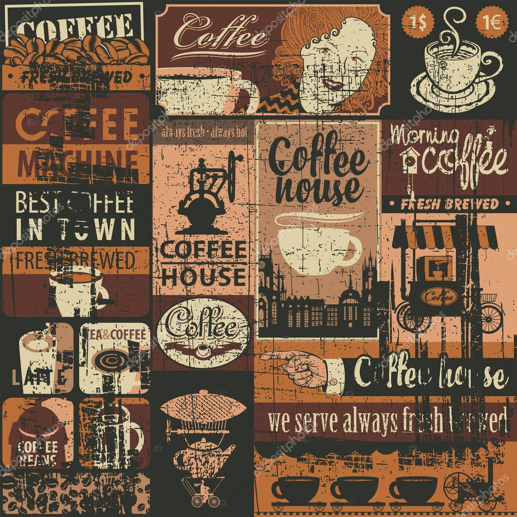 Hand drawn seamless background on the theme of coffee with coffee beans, cups, coffee machine, female face and vintage lettering. Suitable for wallpaper, wrapping paper, fabric. No aI used