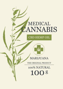CBD kenevir yağı, kenevir desenli tıbbi esrar için eko vektör afişi veya etiketi. Tıbbi marihuana. Kullanılan yapay zeka yok