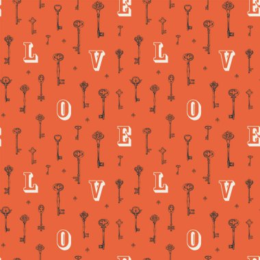 Aşk ve Sevgililer Günü temasında kusursuz bir düzen var. Anahtarlar, kalpler ve ilk harflerle. Elle çizilmiş resimlerle soyut bir arkaplan. Duvar kağıdı, ambalaj kağıdı, kumaş için uygun.