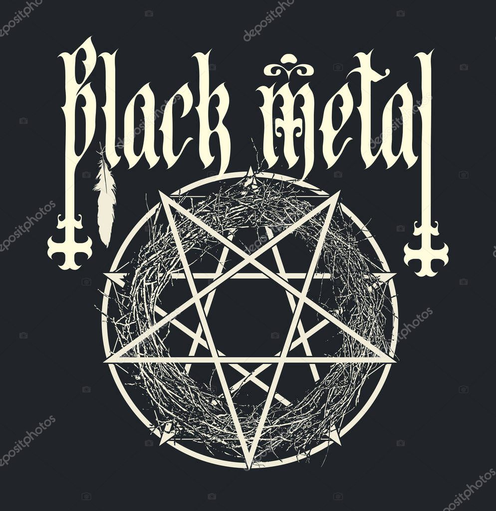 Vector banner on occultism and witchcraft, death metal rock music with phrase Black metal written in gothic font with inverted crosses, satanic pentagram. Used for poster and CD disk. No AI used