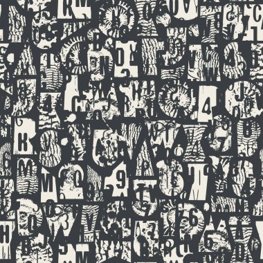 Paleontoloji teması üzerinde grunge dokusu, kabukları, trilobitleri ve ammonitleri olan geometrik şekillerden oluşan basit, kalın yazı karakteriyle soyut vektörsüz arkaplan deseni. Kullanılan yapay zeka yok.