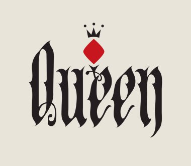 Vector word queeEN Gotik tarzda yazılmış, elmas takım elbiseli ve taçlı. Kart oyunları, poker temalı logo. Logo, işaret, tişört tasarımı ve dövme için uygun. Kullanılan yapay zeka yok