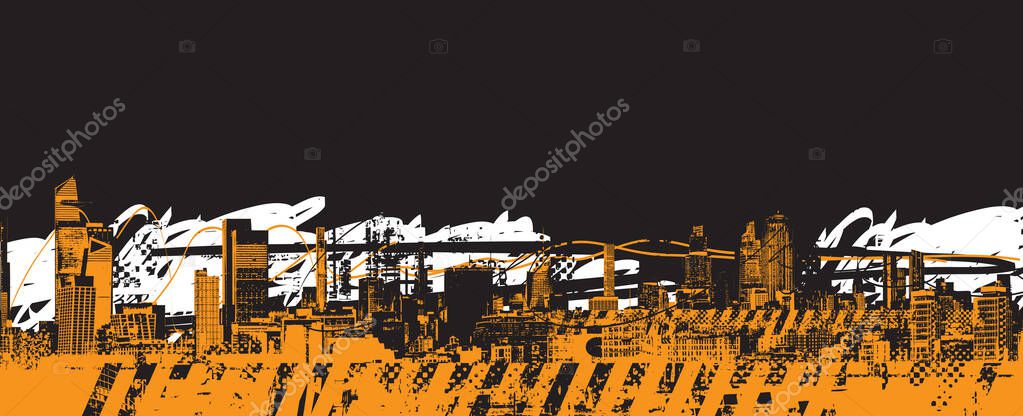 Vector city modern landscape crossed by orange stripe. Street urban art in grunge style on background of skyscrapers in big city architecture. logo, t-shirt design. No AI used