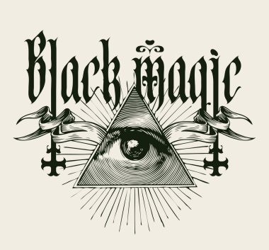 Vektör illüstrasyonu ya da her şeyi gören Mason sembollü pankart ters haçlar, gotik tarzda kara büyü. Satanizm, okült büyücülük işareti. Tişört tasarımı, müzik kapağı, poster.