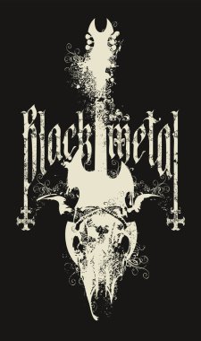 Elektro gitarlı, ters haçlı ve boynuzlu hayvan kafataslı Black Metal yazılı vektör müzik afişi a4. Broşür, poster, tişört tasarımı, müzik kapağı, broşür. Kullanılan yapay zeka yok