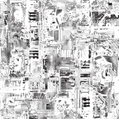 Gazete başlıkları ve şehir manzaralarıyla kusursuz bir düzen. Grunge City temalı el çizimi arka plan. Duvar kağıdı, ambalaj kağıdı, kumaş, tişört tasarımı. Kullanılmıyor