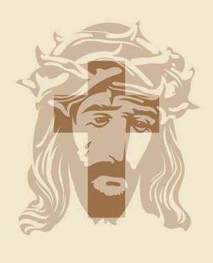 Paskalya bayrağı ya da içinde Hıristiyan Katolik haçı olan ve dikenli taç takan İsa 'nın portresi olan tebrik kartı. Dini illüstrasyon, logo. Eski tarz tişört tasarımı