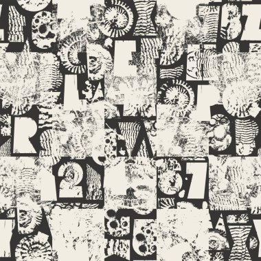 Paleontoloji temasındaki geometrik şekillerden oluşan basit, kalın yazı tipli, soyut vektörsüz arkaplan deseni. Kumaş, seramik fayanslar, duvar kağıdı, ambalaj kağıdı. Kullanılan yapay zeka yok.