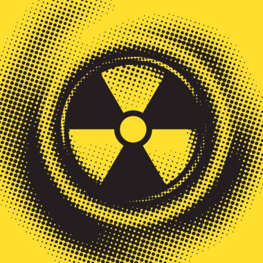 Nükleer savaş temalı vektör pankartı, radyasyon tehlikesi işaretli nükleer santral felaketi piksel arkaplanda radyasyon kirliliği simülasyonu. Tişört tasarımı. Kullanılan yapay zeka yok