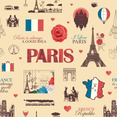 Fransa ve Paris temalı el yapımı kusursuz desenler. Harfler, mimari simgeler, harita ve bayrak. Tişört tasarımı, seyahat kartpostalı. Duvar kağıdı, ambalaj kağıdı. Kullanılan yapay zeka yok