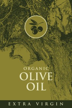 Zeytin ya da zeytin yağı markasının vektör tasarımı. Eski zeytin ağacı ve eski usul daire şeklinde zeytin ağacı. Paket tasarımı, çıkartma ve afiş için uygun. Kullanılan yapay zeka yok