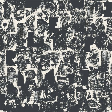 Dokuları geometrik şekillerden oluşan dikişsiz yazı tipli soyut vektör deseni paleontoloji temalı kabuklar. Kumaş, tekstil, tişört tasarımı, fayans, duvar kağıdı. Kullanılan yapay zeka yok