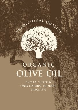Zeytin yağı mı zeytin yağı mı? Etiket tasarımı mı? Eski usul çatlamış ağaç kabuğu olan yalnız bir zeytin ağacı. Paket tasarımı, çıkartma ve afiş için uygun. Kullanılmadı