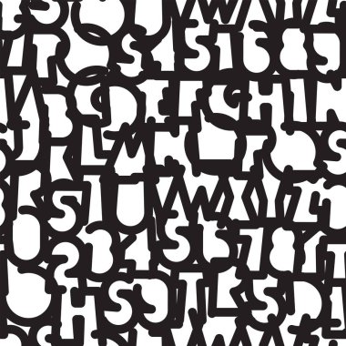 Basit, kalın ve geometrik şekilli ana hatları olan kusursuz desenler. Latince harflerle soyut vektör monokrom arkaplanı. Duvar kağıdı, ambalaj kağıdı, kumaş, tekstil. Kullanılan yapay zeka yok