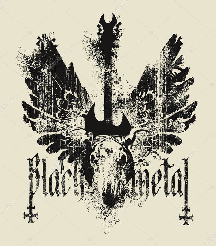Vector banner with words Black metal written in gothic font, with electric guitar, wings, inverted crosses and horned animal skull. Leaflet, poster, t-shirt design, music cover, flyer. No AI used