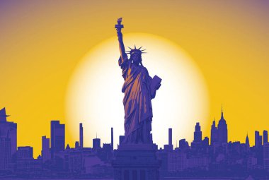 Amerikan Özgürlük Anıtı 'na sahip vektör bayrağı, New York siluetleri üzerinde günbatımı ya da gündoğumu arkaplanlı büyük güneş çemberi. Tişört, poster, seyahat broşürü ve broşür için tasarım. Kullanılan yapay zeka yok