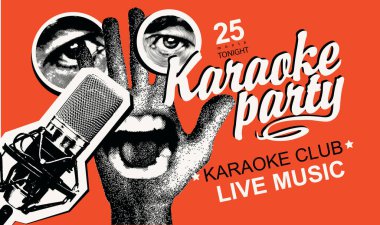 Şarkı söyleyen ağız, el, stüdyo mikrofonu ve kaligrafi harfleriyle klasik tarzda karaoke partisi için vektör posteri. Reklam müziği afişi, el ilanı, davetiye, bilet için uygun. Kullanılan yapay zeka yok