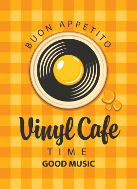 Vector menüsü ya da vinil kafe ya da müzik restoranı için pankart. Tabağın içinde eski vinil plaklar ve kareli masa örtüsünün sarı zemininde kızarmış yumurta var. Kullanılan yapay zeka yok