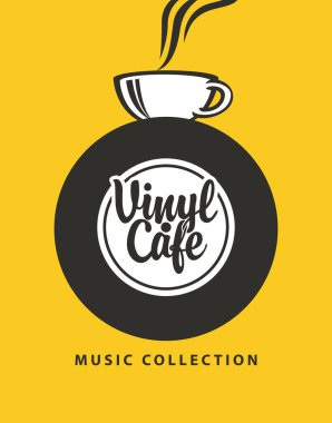Vector menüsü ya da vinil kafe ya da müzik restoranı için pankart, plaka içinde eski vinil kayıt, plak çalar ve fincanı klasik tarzda sarı arka planda. Kullanılan yapay zeka yok