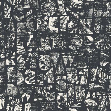 Dokuları geometrik şekillerden oluşan dikişsiz yazı tipli soyut vektör deseni paleontoloji temalı kabuklar. Kumaş, tekstil, tişört tasarımı, fayans, duvar kağıdı. Kullanılan yapay zeka yok