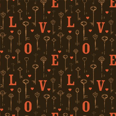 Klasik anahtarlar ve klasik tarzda büyük harflerle aşk temasında vektör pürüzsüz desen. Soyut arkaplan. Duvar kağıdı, ambalaj kağıdı, kumaş, tekstil. Tebrik kartı. Kullanılmamış.