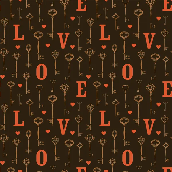 Klasik anahtarlar ve klasik tarzda büyük harflerle aşk temasında vektör pürüzsüz desen. Soyut arkaplan. Duvar kağıdı, ambalaj kağıdı, kumaş, tekstil. Tebrik kartı. Kullanılmamış.