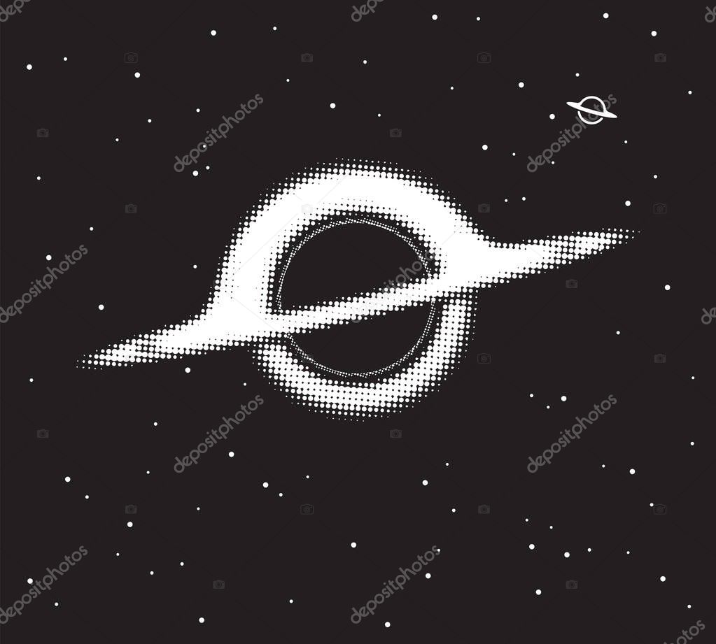 Vector logo or banner made of pixels or dots with a black hole or a planet with rings and a starry sky on the theme of space, astronomy, astrophysics. Logo, T-shirt design. Not used aI